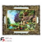تابلو فرش طرح کلبه و برکه با قاب شاپرک