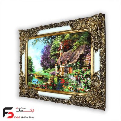 تابلو فرش طرح کلبه و برکه با قاب شاپرک