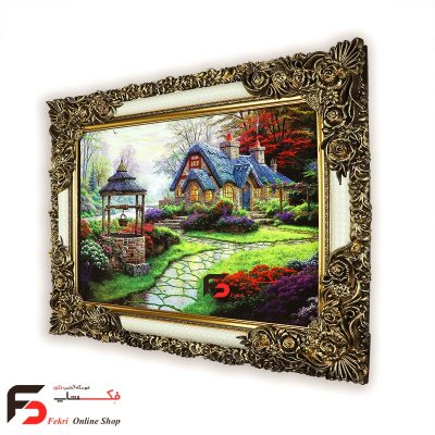 تابلو فرش طرح کلبه و چاه با قاب شاپرک