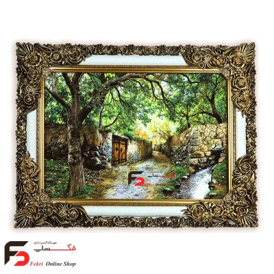 تابلو فرش کوچه باغ بهاری با جوی آب با قاب شاپرک