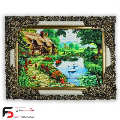 تابلو فرش مرداب و قو با قاب شاپرک