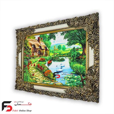 تابلو فرش مرداب و قو با قاب شاپرک